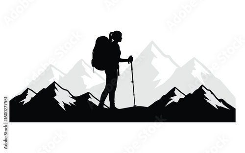 Inspiring silhouette of female hiker conquering mountains with backpack and trekking pole, perfect for adventure travel promotion materials