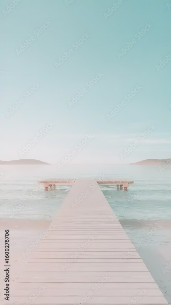 Fototapeta premium Serene coastal vista featuring a wooden pier leading to tranquil waters