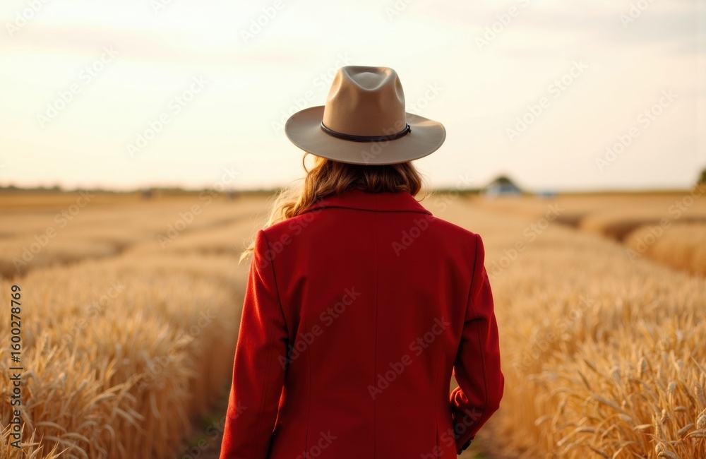A woman in a red coat and wide-brimmed hat walking through a golden wheat field at sunset A woman in a red coat and wide-brimmed hat walking through a golden wheat field at sunset