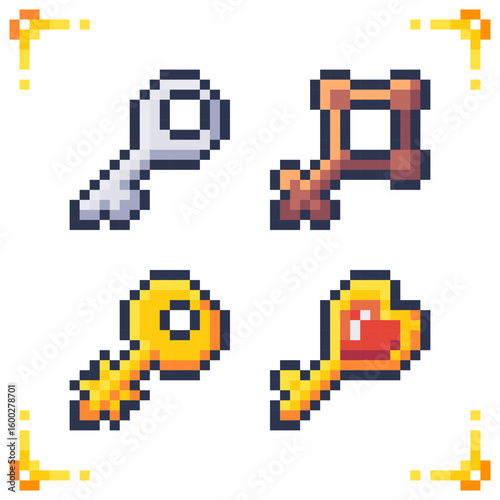Set of pixel art keys icons. Silver,iron, bronze, golden keys and golden key with heart. 16x16 pixels.