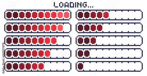 Pixel art loading bar for user interface. Frames for animations. Health, life bar.