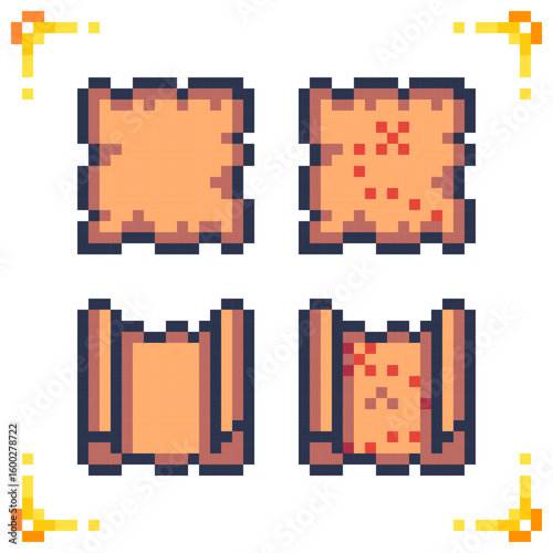 Set of pixel art maps icons. Empty and with indication of the purpose, route of the map. 16x16 pixels.