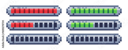 Pixel art loading bar for user interface. Frames for animations. Health, life bar.