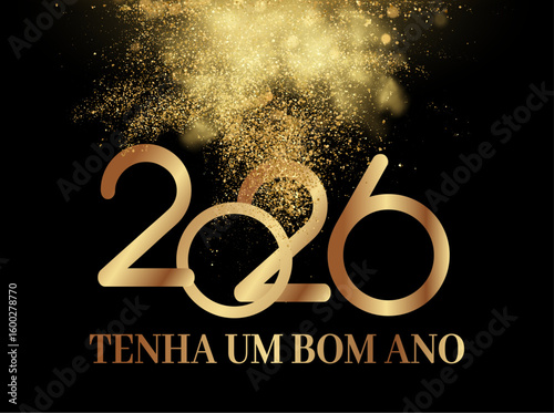Cartão ou banner para desejar um feliz ano novo 2026 em dourado sobre fundo preto com glitter dourado