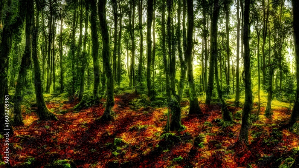 Fototapeta premium Misty sunlight filters through the green bamboo trees of a tranquil forest path, creating a serene natural landscape