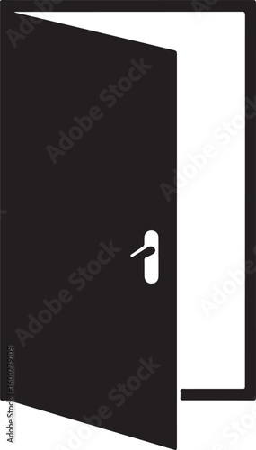 Simple black silhouette of an open door with a doorknob