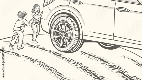 Two children pushing a car stuck in the mud with visible tire tracks in a sketchy drawing style silhouette
