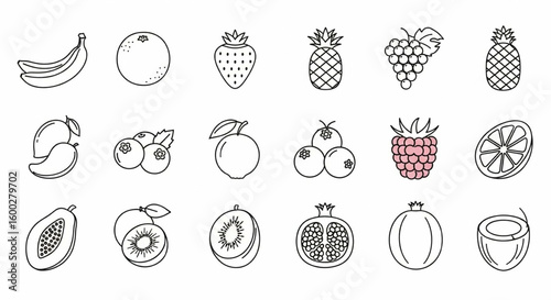 Fruits Line Icon Set – Vector Banana, Orange, Strawberry, Grapes, Pineapple, Mango, Kiwi, Coconut Symbols