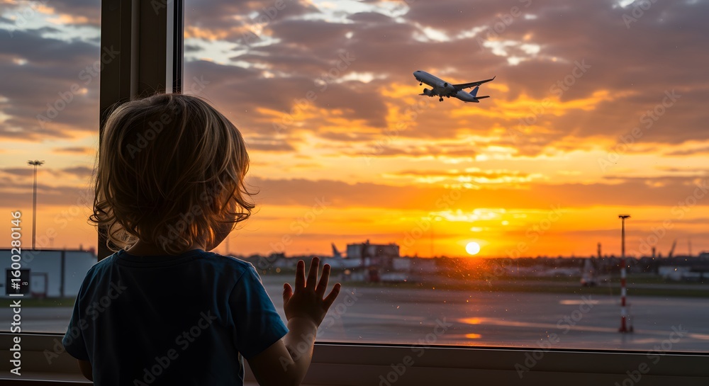 Fototapeta premium A child looking out the window, watching planes take off at sunset