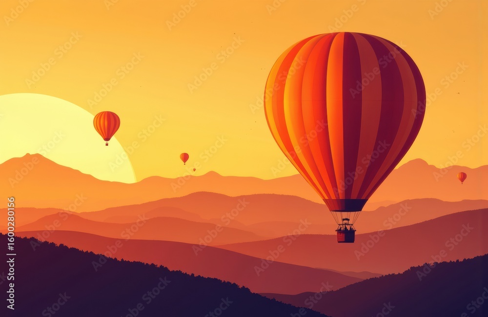 Fototapeta premium A hot air balloon floats over mountain ridges during sunset in a scenic landscape