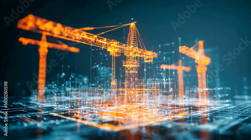 A digital construction site with holographic cranes and building plans, illuminated in orange against the dark background of blueprints, symbolizing modern technology for architectural design