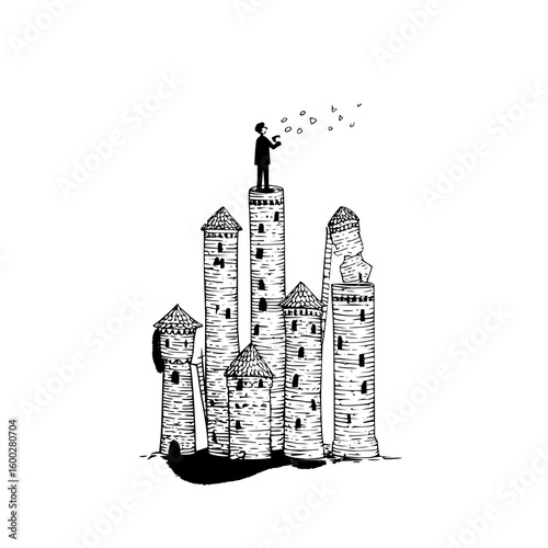 A man standing atop a tower blowing bubbles amidst a cluster of stylized medieval towers illustration