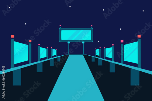 sky bridge filled with glowing billboard