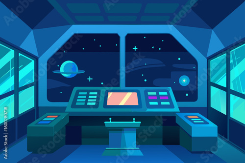 sleek high tech control room aboard a spaceship