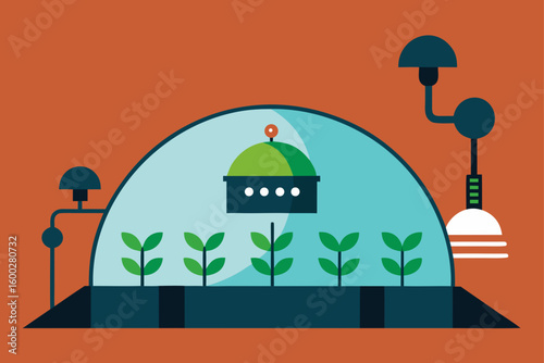 smart farming dome with robotic arms tending glowi