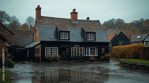 A charming, traditional, dark-painted house in a quaint, English village.