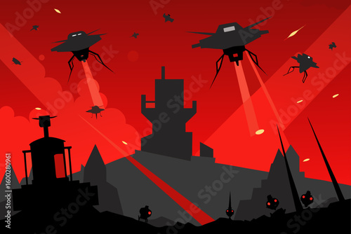 tech battlefield with broken drones and glowing