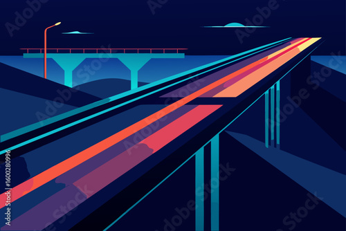 tech noir highway overpass with glowing trails