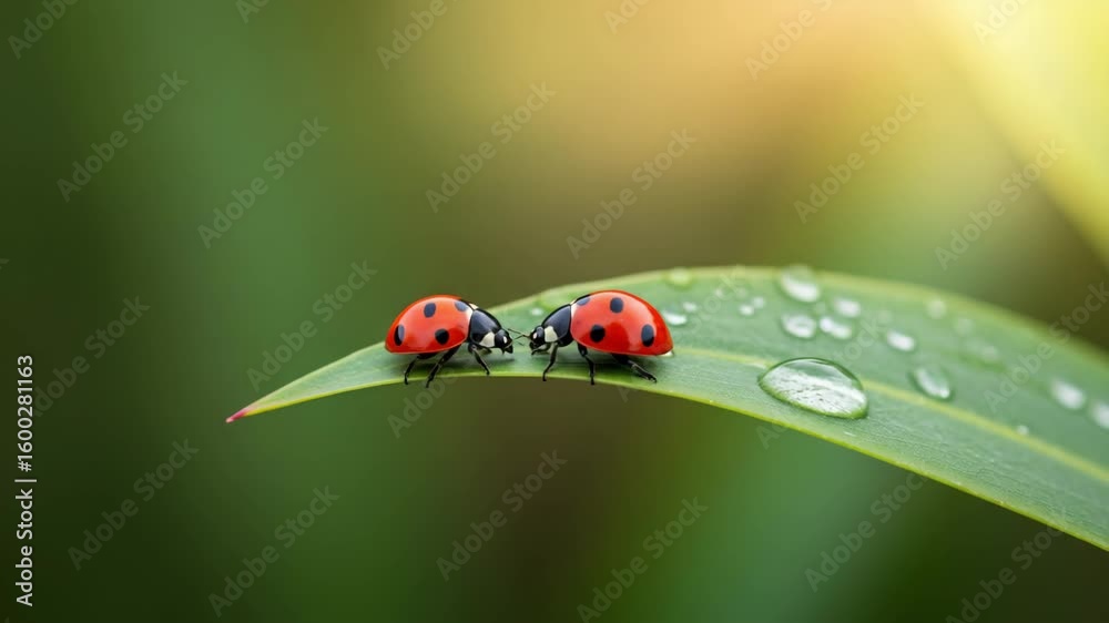Two ladybugs meeting on green leaf with dew drops, close-up macro with soft light — symbol of love, connection, and natural harmony with copy space