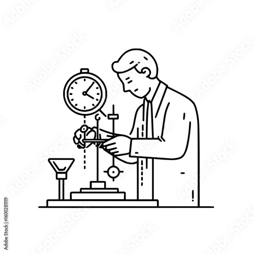 A man in lab coat is working with a scientific apparatus and a clock in a black and white line drawing