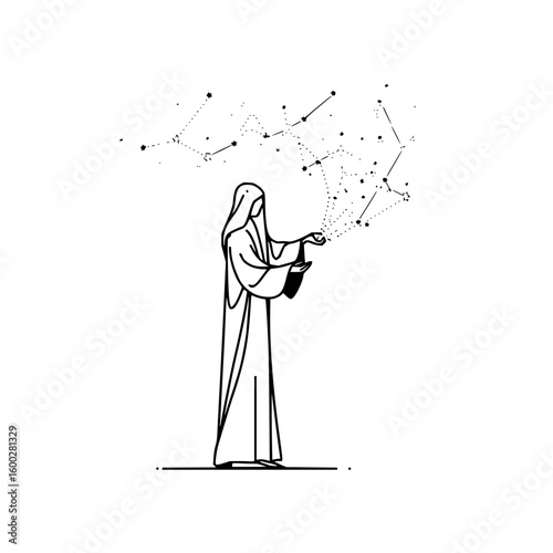 Woman in robe holding a cup with constellations and stars in black and white line art style design