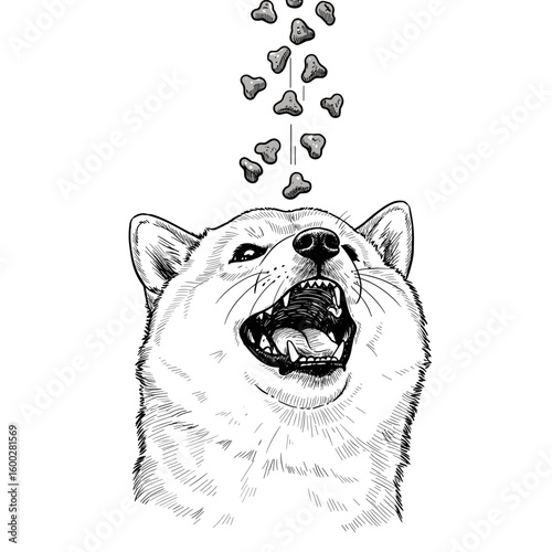 Vintage ink sketch of dry food pouring into Shiba Inu mouth  hand-drawn black and white illustration vector, engraving