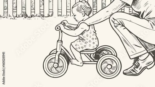 A child riding a tricycle with an adult guiding from behind in a black and white illustration style silhouette