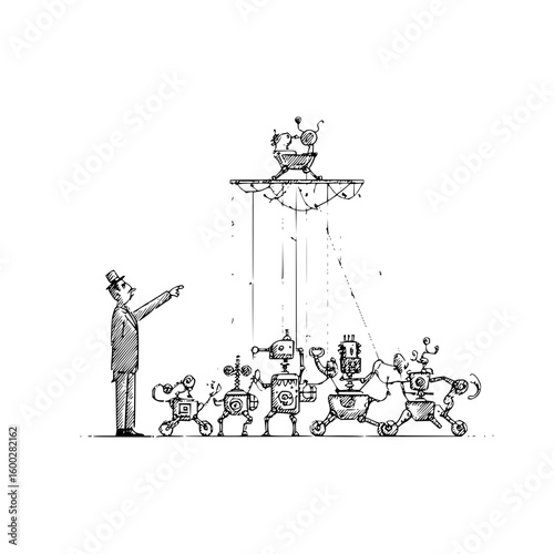 A man in a suit pointing at a platform with a cat being lowered by strings above a group of robots