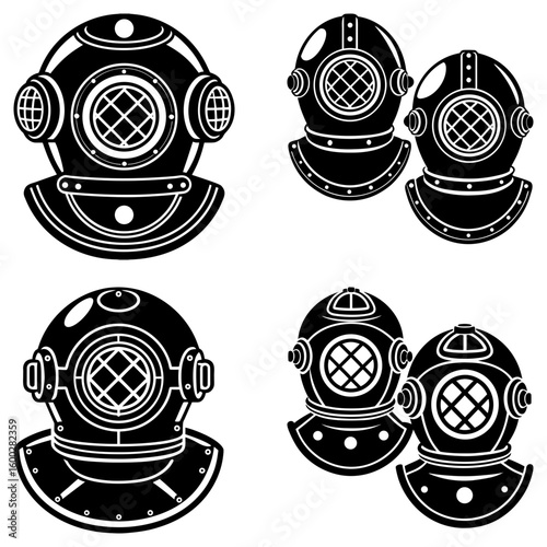 Illustration of four black and white vintage diving helmets in various arrangements on a white background