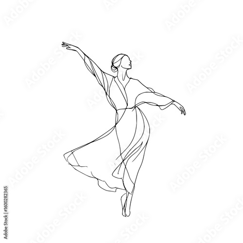Line art drawing of a woman in a flowing dress with arms outstretched in a dance pose on white background