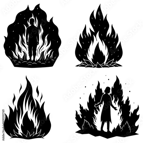 Four black and white illustrations of figures surrounded by flames and fire elements art