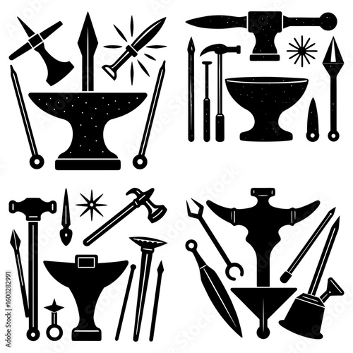 Illustration of various blacksmith tools including anvil hammers and tongs in black and white style
