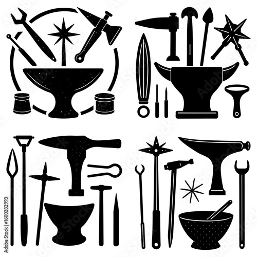 Illustration showcasing various blacksmith tools including anvils hammers and other metalworking instruments