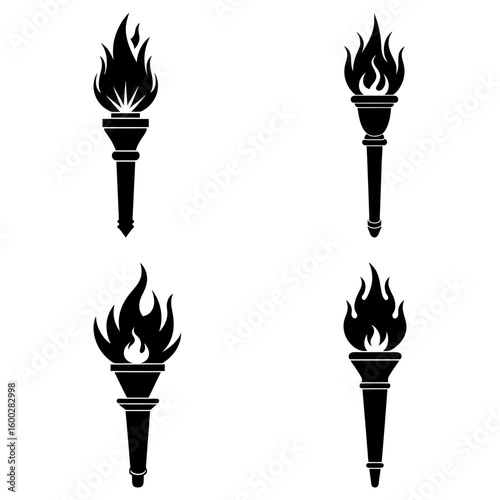 Illustration of four black torches with flames in varying designs on a white isolated background image