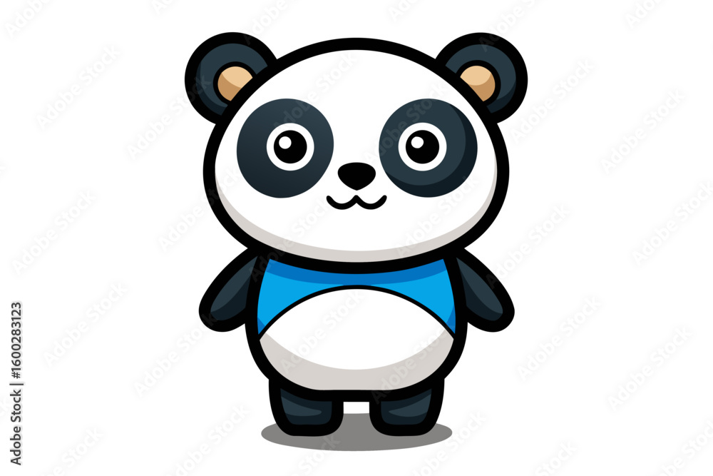 Fototapeta premium Adorable cartoon illustration of a standing panda with big round eyes, blushing cheeks, and a happy smile, set against a soft pastel background.