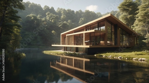 a modern luxury wooden house on bank of river during day time