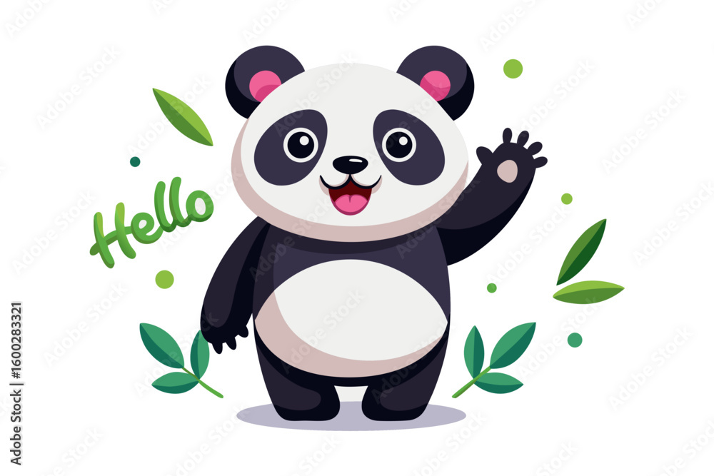 Naklejka premium Adorable cartoon illustration of a standing panda with big round eyes, blushing cheeks, and a happy smile, set against a soft pastel background.