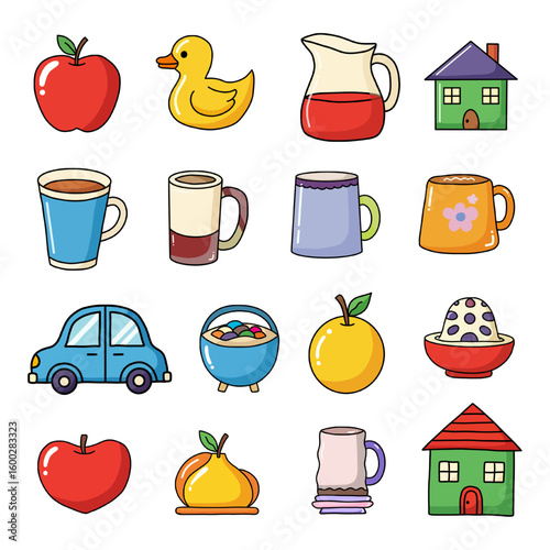 Set of Cute Cartoon Household Objects and Toys.