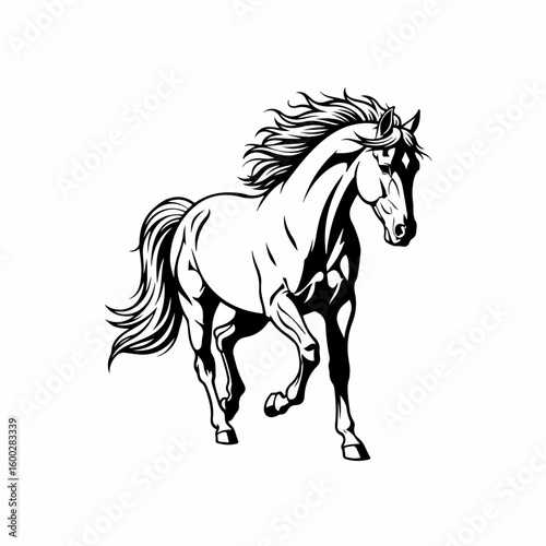 Black and white horse for Chinese New Year, a symbol for year of the horse in eastern culture. Galloping horse demonstrates freedom and raw power, showing year of the horse significance.