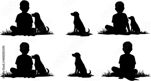 Vector silhouette of a boy and a dog sitting on the grass