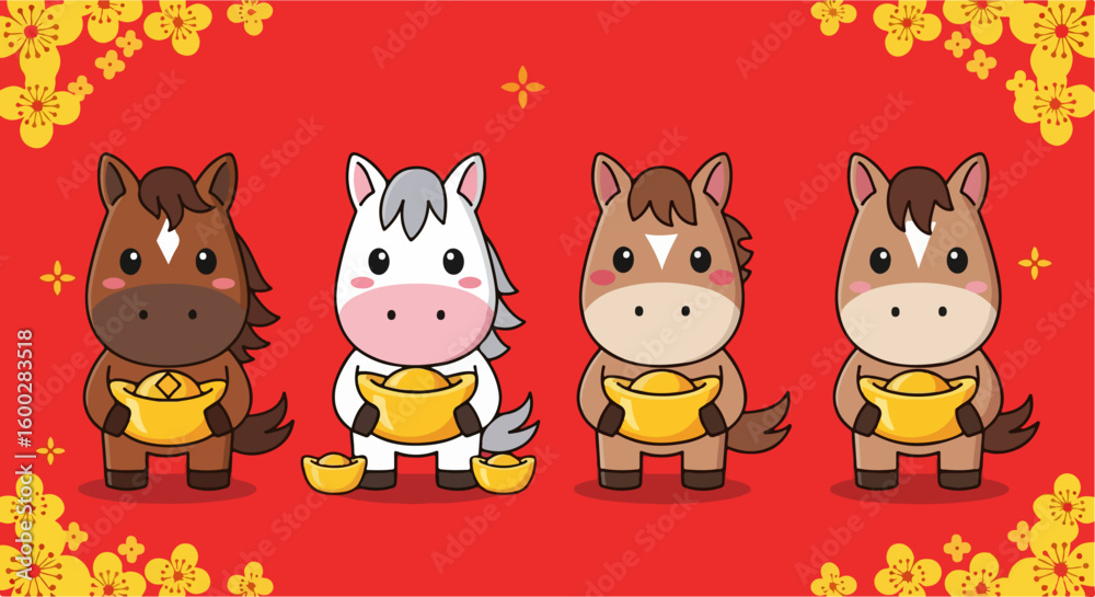 Naklejka premium Year of the horse artwork featuring four cute horses on bright red background, celebrating Chinese tradition. Year of the horse is approaching in 2026. These cartoon horses, holding gold ingots,