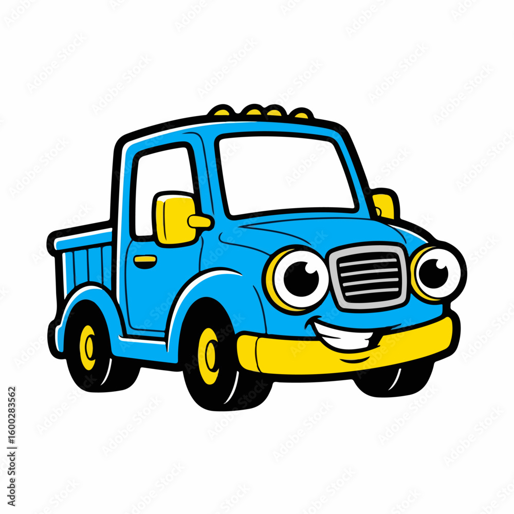 Naklejka premium Cartoon big machines illustrated with friendly pickup truck smiling on white background. This big machines representation offers cheerful transportation, perfect for children's content,
