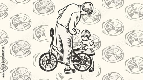 Illustration of a father helping his child on a bicycle with wheel pattern background design art silhouette