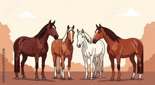 Horse illustration showcasing a group of beautiful horses, standing side by side in a scenic landscape, horse illustration creating a heartwarming moment in nature.
