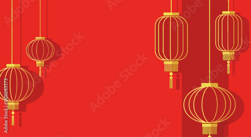Red background for traditional Chinese design featuring golden lanterns hanging for festive occasions. Chinese New Year celebrations with red background provide ample space for custom greetings.