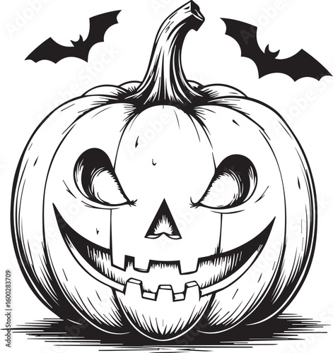 Spooky Pumpkin & Bats: A haunting illustration of a grinning pumpkin, with carved face, framed by silhouettes of bats, embodies the spirit of Halloween, full of eerie charm.