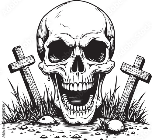 Memento Mori: A stark artistic depiction of mortality, a detailed human skull and weathered crosses. evokes the classic artistic theme of death, inviting reflection on the ephemeral nature of life.