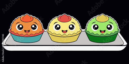 Little quiches cake, isolated, dessert, pastry, donut set against black background vector illustration.

