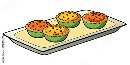 Little quiches cake, isolated, dessert, pastry, donut set against white background vector illustration.
