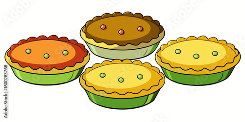 Little quiches cake, isolated, dessert, pastry, donut set against white background vector illustration.
